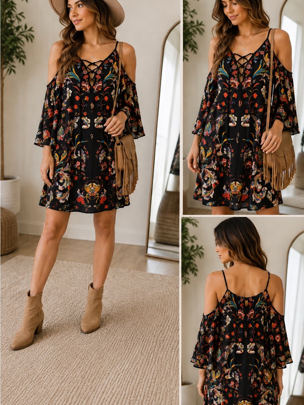 Flying Tomato Black Floral Cold Shoulder Lace Up Boho Dress Small